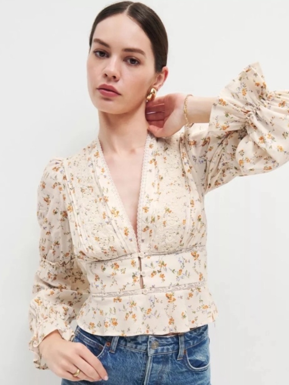 Reformation Meadowlark Cream Floral Lace detail Top Size 6